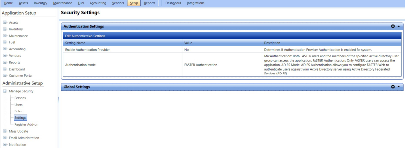 Authentication settings page